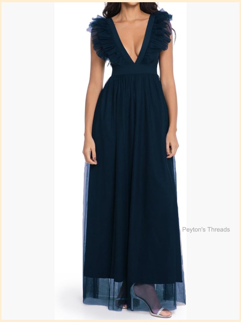 Sleeveless Deep V-Neck Mesh Ruffle Long Formal Party Evening Dress